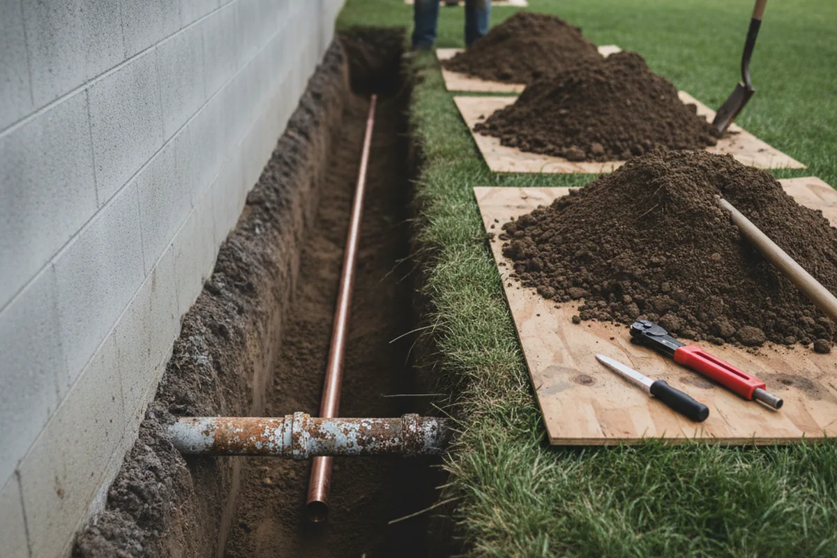 Excavated water line trench during Water Heater Repair in South Charleston